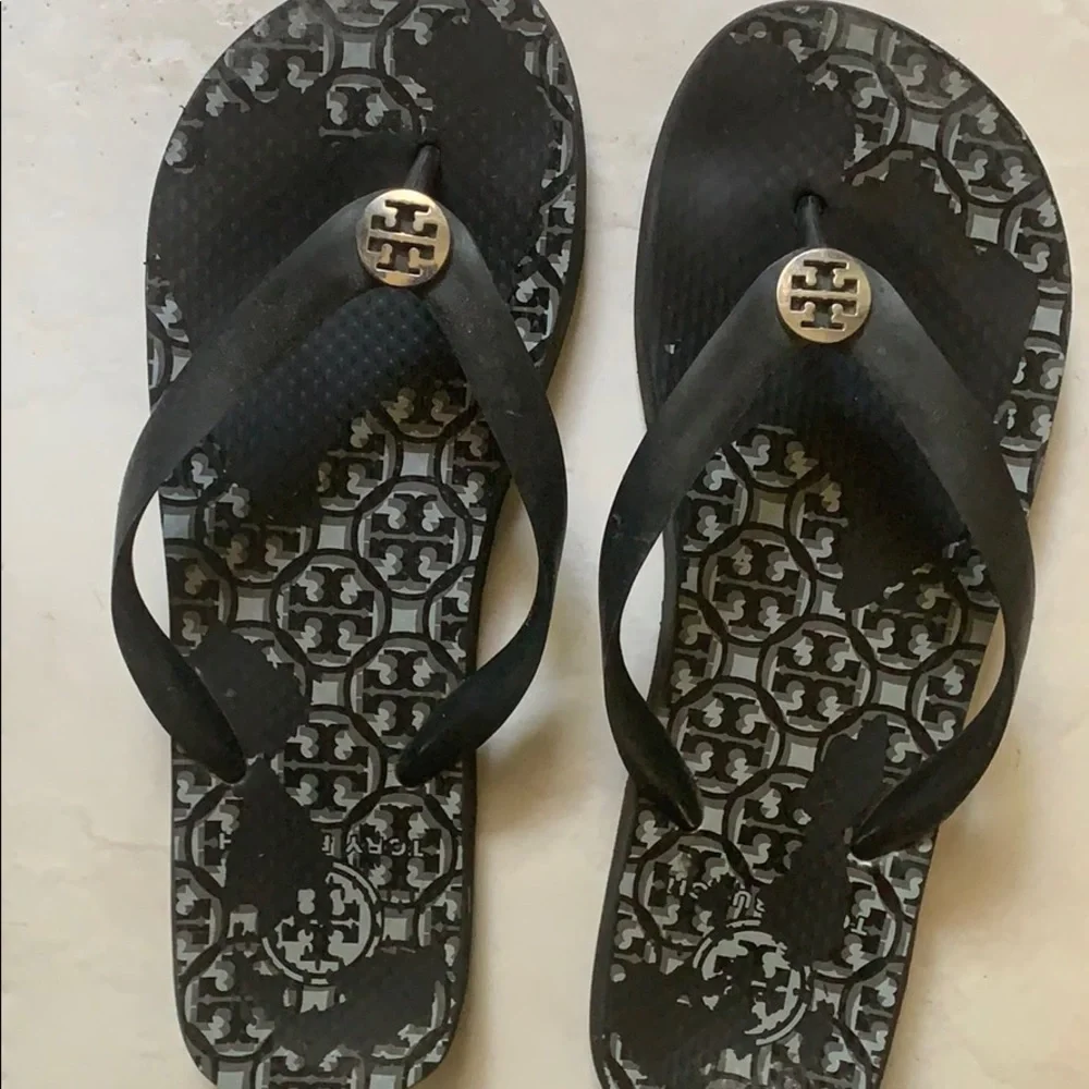 Tory Burch Black Flip Flop Sandals with Gold Logo